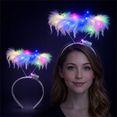 Renkli Led Işıklı Beyaz Tüylü Püsküllü Parti Tacı