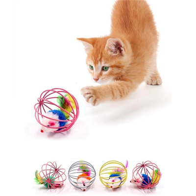 Renkli Metal Kafesli Peluş Fareli Kedi Köpek Oyuncağı Oyun Topu 6 Cm Bx40
