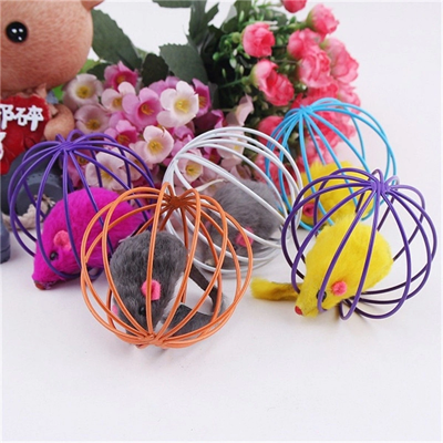 Renkli Metal Kafesli Peluş Fareli Kedi Köpek Oyuncağı Oyun Topu 6 Cm Bx40