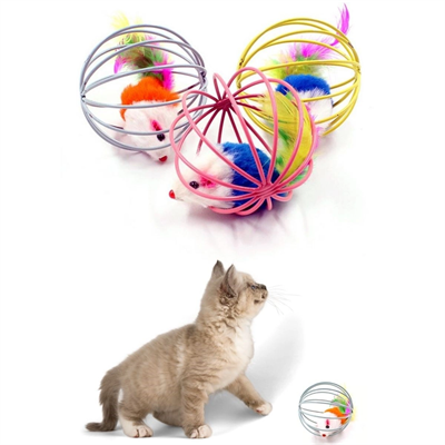 Renkli Metal Kafesli Peluş Fareli Kedi Köpek Oyuncağı Oyun Topu 6 Cm Bx40