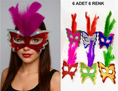 Renkli Parti Maskesi 6'lı | Tüylü Karton Maske Seti (lastikli) Bx40