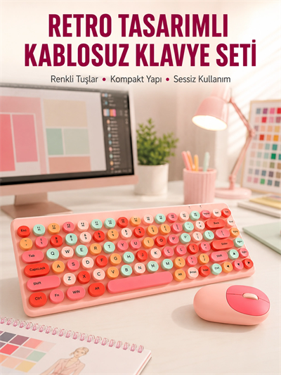 Renkli Retro Tuş Takımlı Klavye – 3 Cihaz Bağlantısı, Medya Kısayol Tuşları Yeni Nesil
