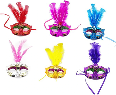 Renkli Tüylü Venedik Parti Maskesi Karışık Renk 12 Adet