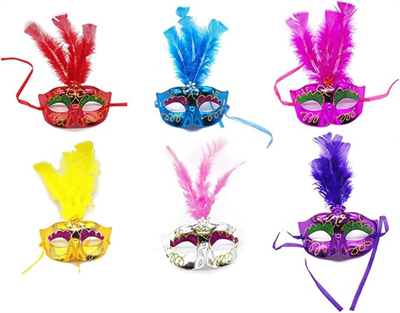 Renkli Tüylü Venedik Parti Maskesi Karışık Renk 12 Adet