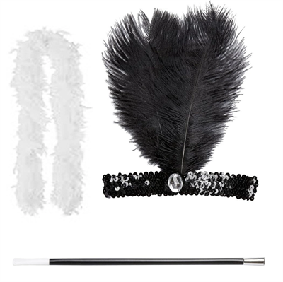 Retro Charliston Beyaz Otrişli Aksesuar Seti – 20'ler 90'lar Gatsby Kostüm Seti