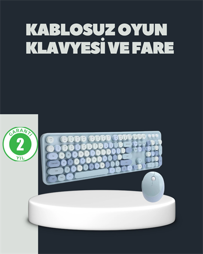 Retro Daktilo Stilli Kablosuz Klavye Mouse Seti – Sessiz ve Şık