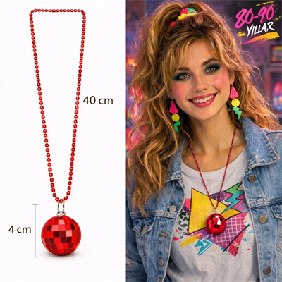Retro Disko Topu Şekilli 8039ler 9039lar Kırmızı Renk Plastik Kolye