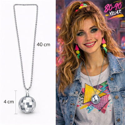 Retro Disko Topu Şekilli 80'ler 90'lar Gümüş Renk Plastik Kolye