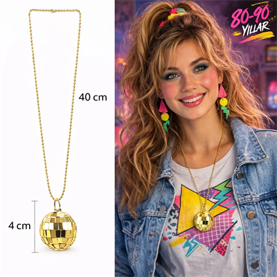 Retro Disko Topu Şekilli 80'ler 90'lar Altın Renk Plastik Kolye