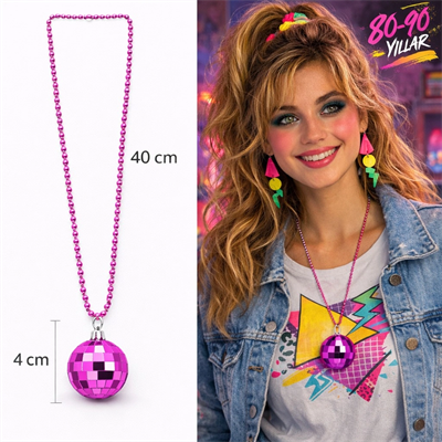Retro Disko Topu Şekilli 80'ler 90'lar Fuşya Pembe Renk Plastik Kolye