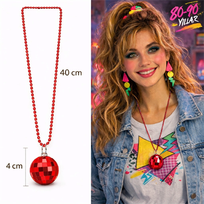 Retro Disko Topu Şekilli 80'ler 90'lar Kırmızı Renk Plastik Kolye