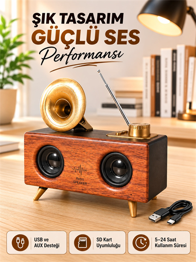 Retro Gramofon Tasarımlı Bluetooth Hoparlör – 3D Stereo Ses, 1800 mAh Batarya