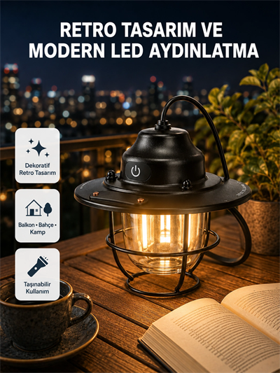 Retro Kamp Lambası Su Geçirmez Taşınabilir Gece Işığı Uzun Pil Ömürlü