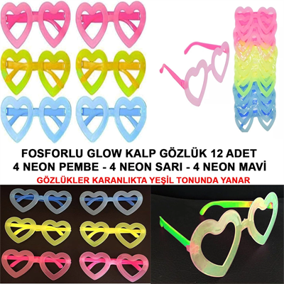 Retro Neon Fosforlu Kalp Gözlük 12 Adet – 80’ler 90’lar Parti Stili
