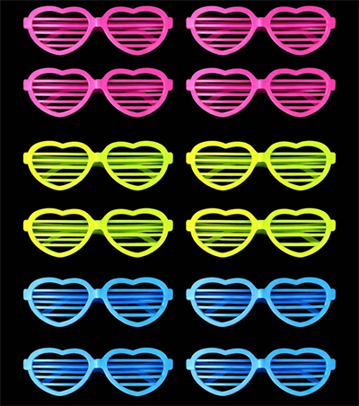Retro Neon Fosforlu Kalp Panjur Gözlük 12 Adet – 80’ler 90’lar Parti Stili
