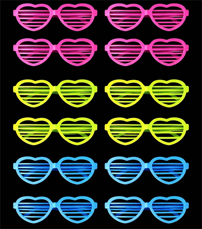 Retro Neon Fosforlu Kalp Panjur Gözlük 12 Adet – 80’ler 90’lar Parti Stili