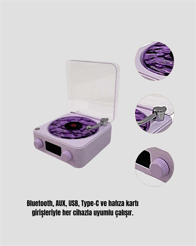 Retro Pikap Hoparlör Bluetooth AUX USB Type-C Projektörlü 360° Sesli Taşınabilir