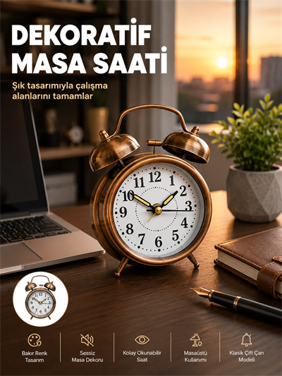 Retro Tarz Bronz Dekoratif Masa Saati Metal Gövde Yüksek Sesli Alarm