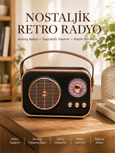 Retro Tarz Kablosuz Radyo – Bluetooth, USB ve TF Kart Girişli