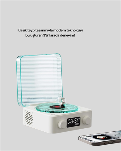 Retro Tasarımlı Gece Lambalı Bluetooth Hoparlör – Saat ve Pil Göstergeli