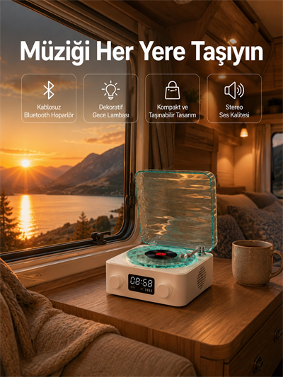 Retro Tasarımlı Gece Lambalı Bluetooth Hoparlör – Saat ve Pil Göstergeli
