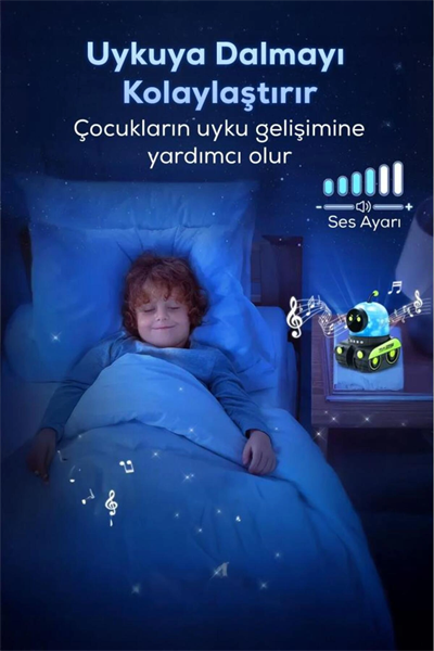 Robot şekilli siyah plastik şarjlı müzikli projektör gece lambası 16 x 14 cm - 16 x 14 Boyut/Ebat