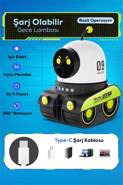 Robot şekilli siyah plastik şarjlı müzikli projektör gece lambası 16 x 14 cm - 16 x 14 Boyut/Ebat