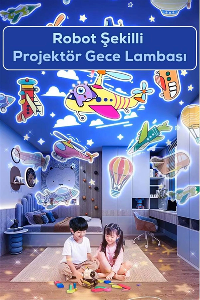 Robot şekilli siyah plastik şarjlı müzikli projektör gece lambası 16 x 14 cm - 16 x 14 Boyut/Ebat