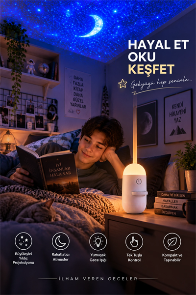 Romantik Atmosfer İçin Ay Yıldız Projeksiyonlu Gece Lambası