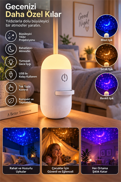 Romantik Atmosfer İçin Ay Yıldız Projeksiyonlu Gece Lambası