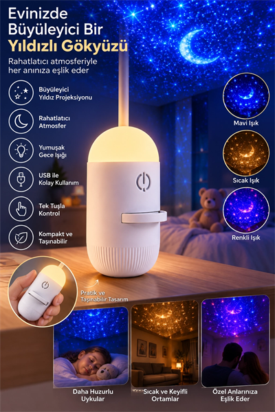 Romantik Atmosfer İçin Ay Yıldız Projeksiyonlu Gece Lambası