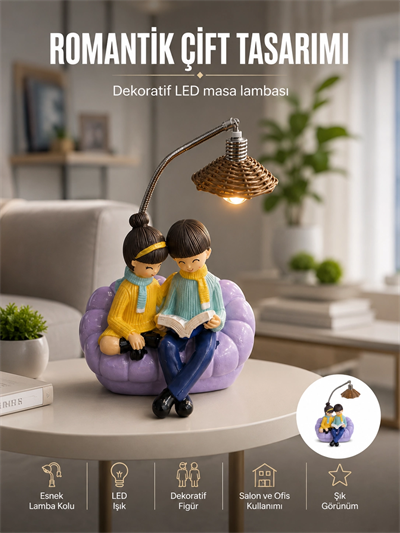 Romantik Çift Figürlü Okuyan Çift Masa Lambası Dekoratif LED Aydınlatma