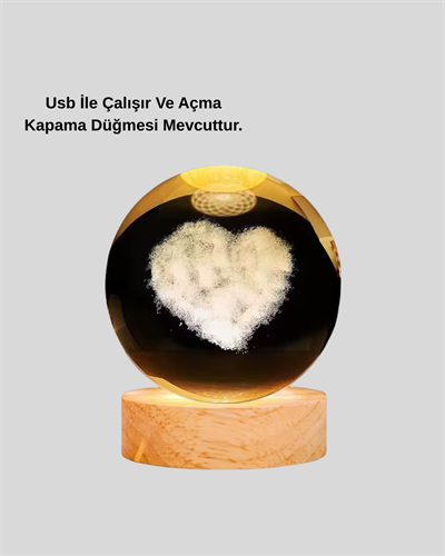 Romantik Kalpli Kristal Cam Küre USB’li Işıklı Dekoratif Obje