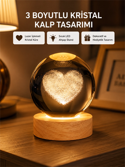 Romantik Kalpli Kristal Cam Küre USB’li Işıklı Dekoratif Obje