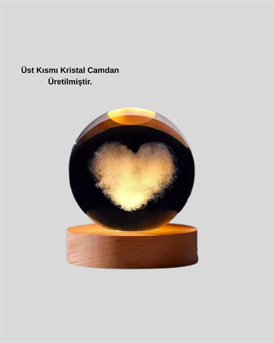 Romantik Kalpli Kristal Cam Küre USB’li Işıklı Dekoratif Obje