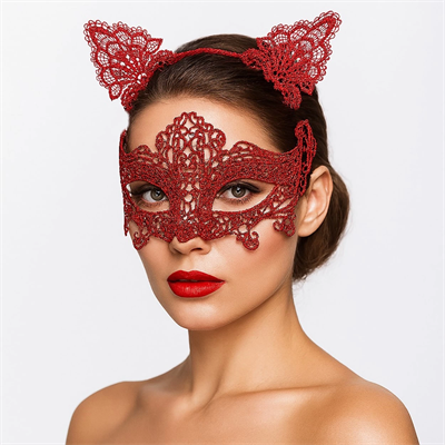 Romantik Kırmızı Dantel Maske Seti – Kedi Kulaklı Taç ve Maske 3 No