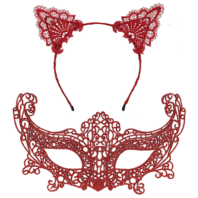 Romantik Kırmızı Dantel Maske Seti – Kedi Kulaklı Taç ve Maske 3 No
