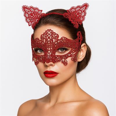 Romantik Kırmızı Dantel Maske Seti – Kedi Kulaklı Taç ve Maske 3 No (3936)