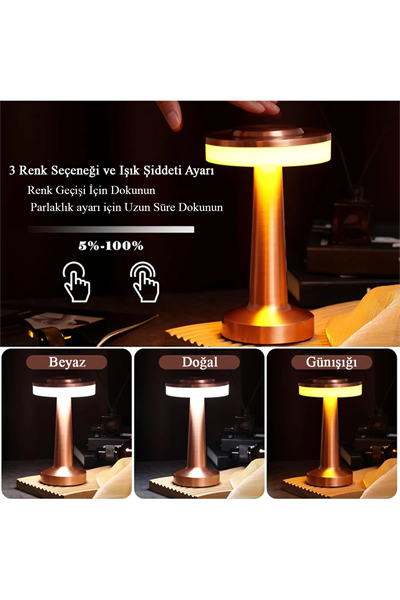 Rose Gold Dokunmatik Şarjlı Masa Lambası Dim Edilebilir Dekoratif Kablosuz Abajur