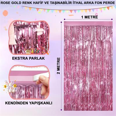 Rose Gold Renk Ekstra Metalize Parlak Saçaklı Arka Fon Perde İthal A Kalite 1x2 Metre (3936)
