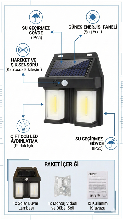 Rustik Ampul İkili Solar Duvar Aplik Güneş Enerjili Hareket Sensörlü