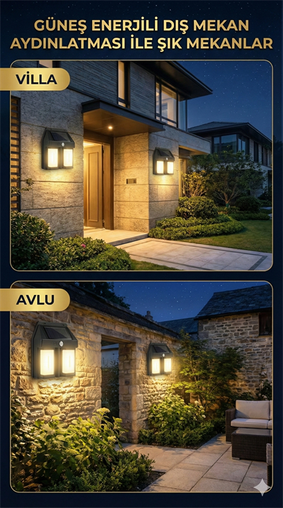 Rustik Ampul İkili Solar Duvar Aplik Güneş Enerjili Hareket Sensörlü