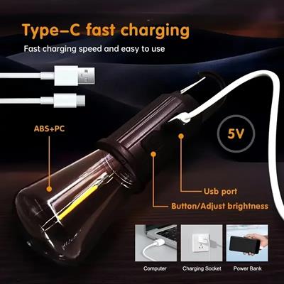Rustik Taşınabilir Şarjlı Tasarruflu Ampul 10W Led Lamba Type-c Şarj Askılı Asma Aydınlatma T020 (3936)