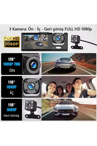 S-1 1080p Araç içi Kamera 3 Kameralı ( Ön Görüş - Geri görüş - İç Görüş ) Gece Görüşlü