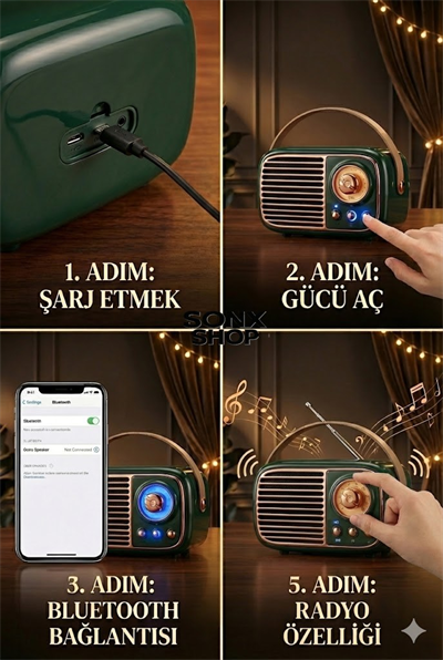 SONX Nostaljik Retro Bluetooth  - FM Radyo, USB ve Bluetooth Kablosuz Hoparlör