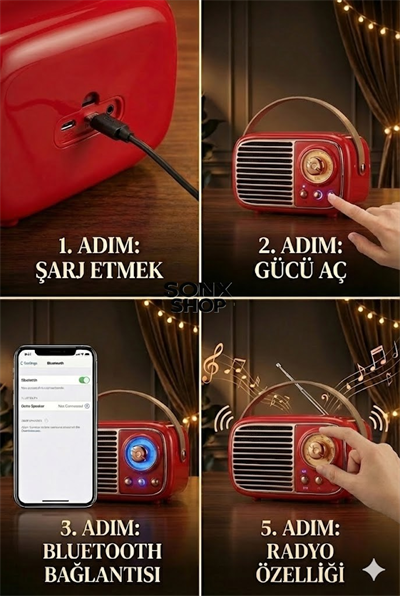 SONX Nostaljik Retro Bluetooth  - FM Radyo, USB ve Bluetooth Kablosuz Hoparlör