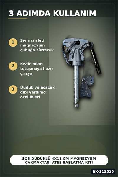 SOS Düdüklü 4x11 cm Magnezyum Çakmaktaşı Ateş Başlatma Kiti - Kampçılık BX-313526