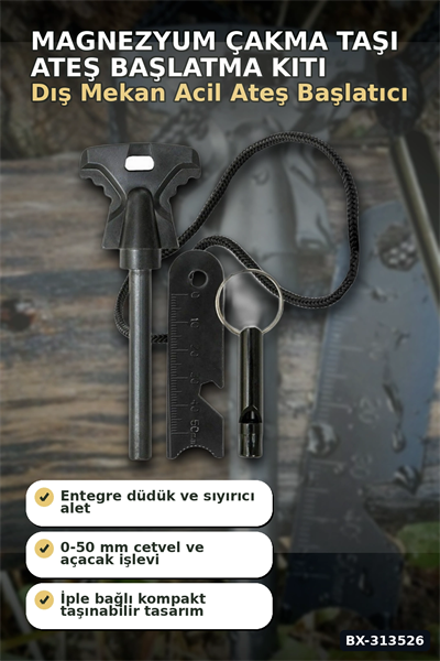 SOS Düdüklü 4x11 cm Magnezyum Çakmaktaşı Ateş Başlatma Kiti - Kampçılık BX-313526