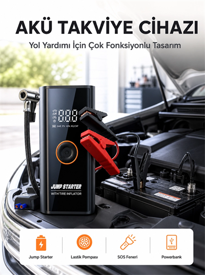 SOS Fenerli Akü Takviye Cihazı Dijital Kompresör Powerbank Yeni Nesil