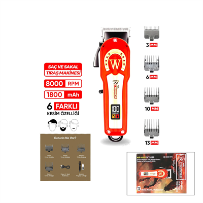 Saç - Sakal Kesme Traş Makinesi Ayarlanabilir Bıçak - 0,1mm-0,5mm 8000rpm 6 Farklı Kesim Mr-4800 Bx40